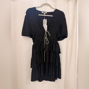 Wayf Black Pleated Tiered V-Neck High-Low Dress